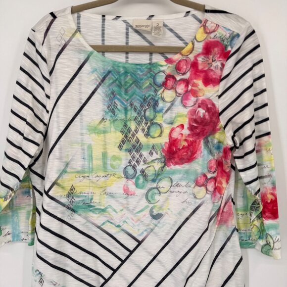 Zenergy By Chicos Womens 3/4 Sleeve Tunic Top Size large Striped Floral Design - Picture 6 of 13